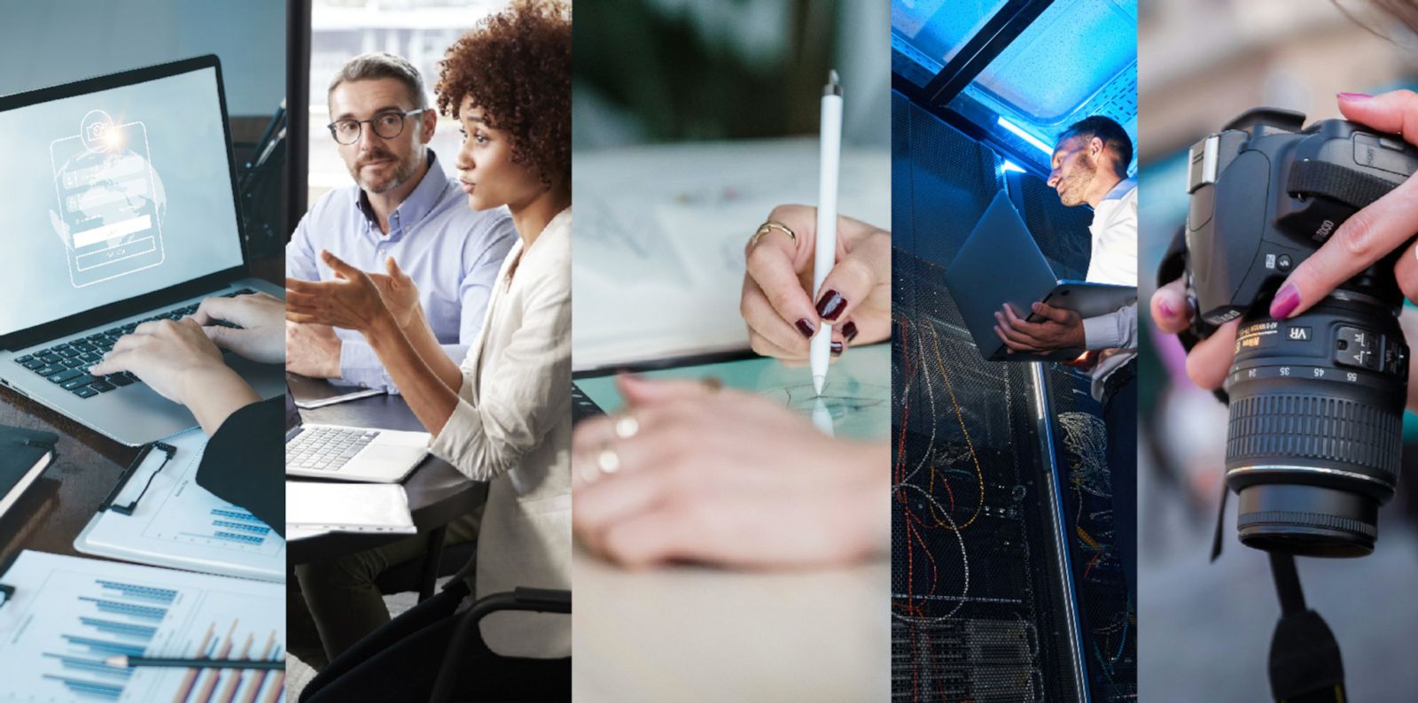 Five individuals composed of two African American males, one African American female, a Caucasian male, and a Caucasian female wear business casual clothes and sit around a round table discussing business using computers and paperwork.