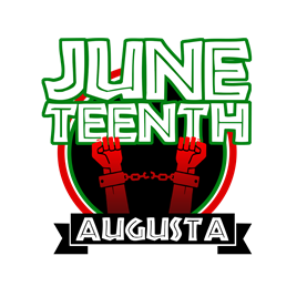 The Juneeteenth Augusta logo composed of the word Juneteenth broken over two lines with teenth on a second line in green block font with th e line letters inside the blocks. A black circle with a green white and red outline has the upper half layered below Juneteenth with chained red arms raised vertically from the bottom of the cirlce toward the word Juneteenth. A black ribbon banner slightly overlaps the circles at the bottom with the word augusta in white block also with the line letters inside the blocks.