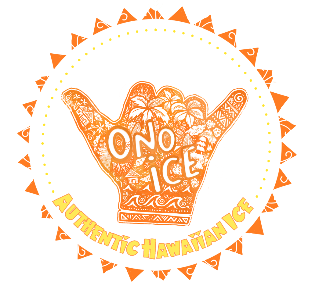 An orange shaka hand sign featuring a tangle design with the words Ono Ice in white font outlined in orange centered on the palm. A weathered yellow rectangular bar is below the hand and an orange sun outline composed of weathered orange triangles surrounds both.