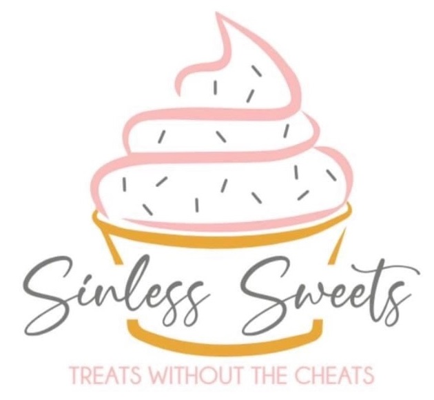 A cupcake outline composed of pink icing, black sprinkles, and a brown baking cup with the words Sinless Sweets in grey cursive across the center of the baking cup. The words Treats Without the Cheats are in pink capitalized letters below the cupcake.