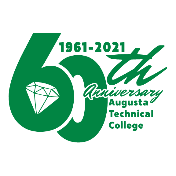 The 60th Anniversary Augusta Tech logo in green composed of the number 60 with a cursive th following. The 6 overlaps the 0 and a diamond takes the place of the hole in the 6. The years 1961-2021 are to the right of the 6 stem, above the 0 and run over above the t in 60th. Anniversary is in cursive with the Ann overlapping the 0 and positioned above the words Augusta Technical College which are stacked on three separate lines.